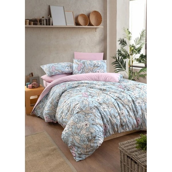 Синьо и розово удължено спално бельо от четири части за двойно легло с чаршаф 160x220 cm Floral – Mila Home
