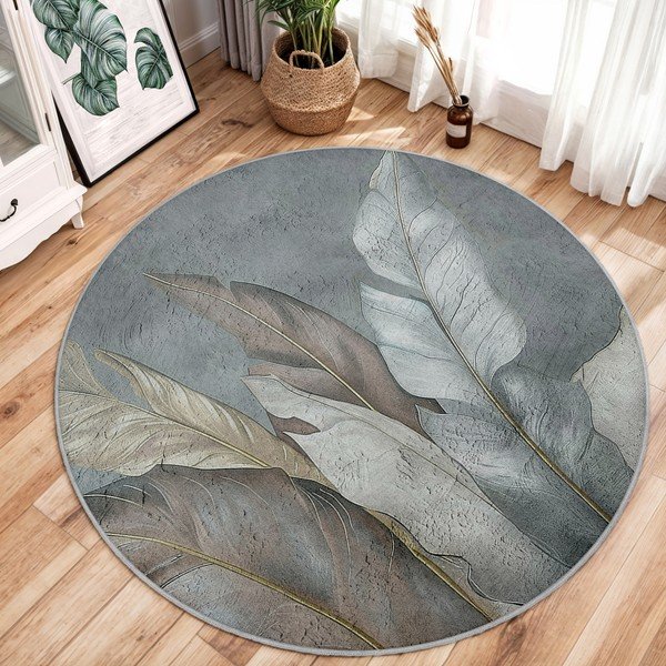Зелено-сив кръгъл килим подходящ за пране ø 150 cm Dusty Leaves – Mila Home-image-1
