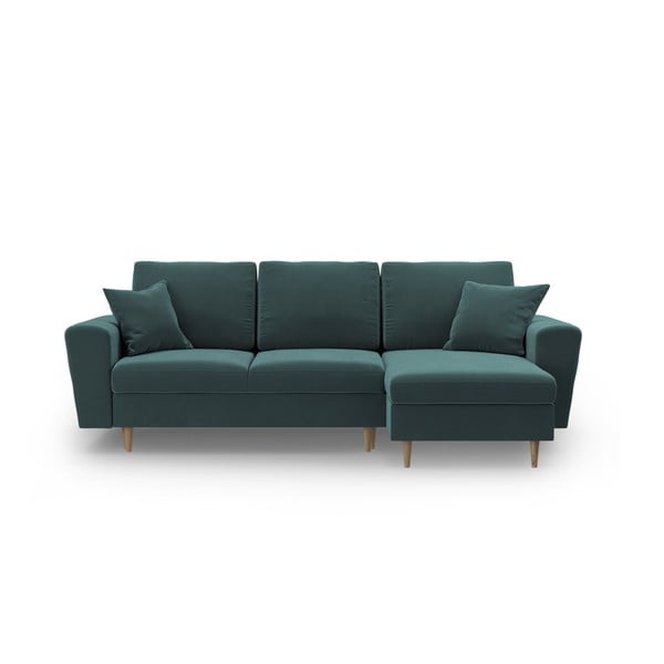 Кадифен разтегателен ъглов диван с място за съхранение в петролен цвят Kyoto – Cosmopolitan Design