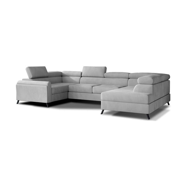 Светлосив кадифен разтегателен ъглов диван с място за съхранение (десен ъгъл U форма) Escada – ELTAP