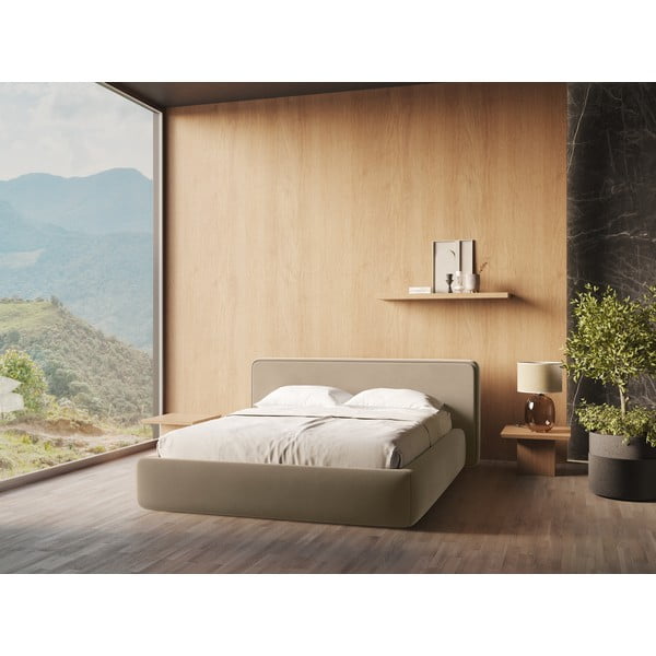 Светлокафяво двойно тапицирано легло с място за съхранение и включена подматрачна рамка 160x200 cm Kiana – Makamii-image-1