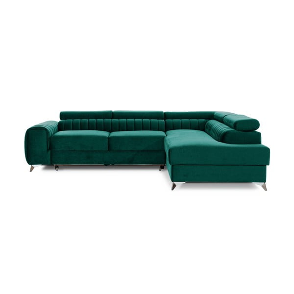 Зелен кадифен разтегателен ъглов диван с място за съхранение (десен ъгъл L форма) Laurence – ELTAP