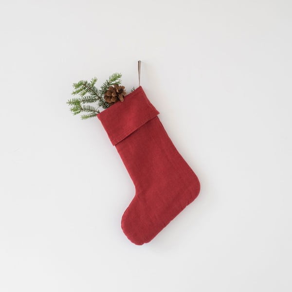 Червена коледна ленена висяща украса Коледен чорап - Linen Tales