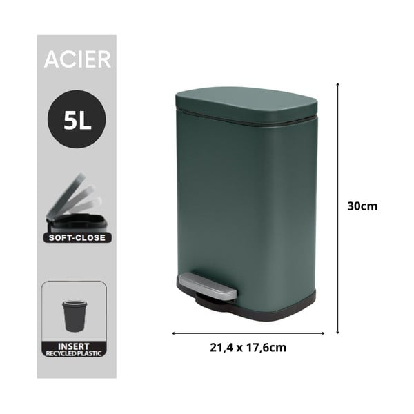 Тъмнозелено стоманено кошче за боклук с педал 5 l   Akira – Spirella-image-2