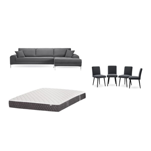 Комплект от сив диван с мързелив диван отдясно, 4 антрацитно сиви стола и матрак 160 x 200 cm - Home Essentials