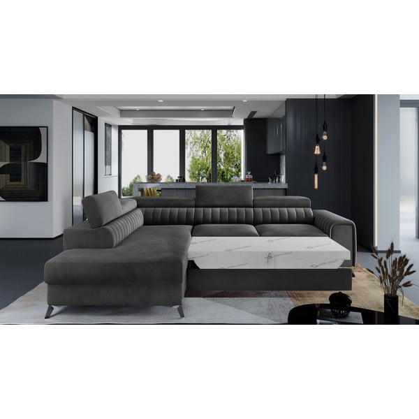Тъмносив кадифен разтегателен ъглов диван с място за съхранение (ляв ъгъл L форма) Laurence – ELTAP-image-2