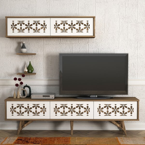 Комплект шкаф за телевизор и стенни шкафове от орехово дърво Декор Flor - Tera Home
