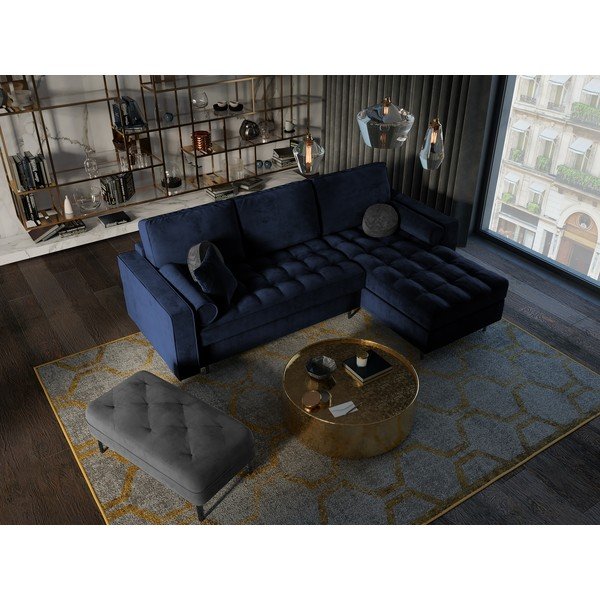 Ъглов разтегателен диван от синьо кадифе , десен ъгъл Santo - Milo Casa-image-1