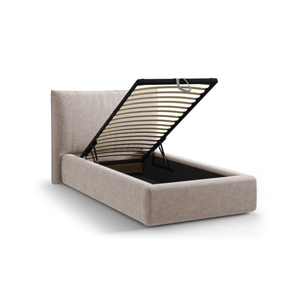Бежово единично легло 90x200 cm тапицирано с място за съхранение с включена подматрачна рамка Kaelle – Micadoni -image-1