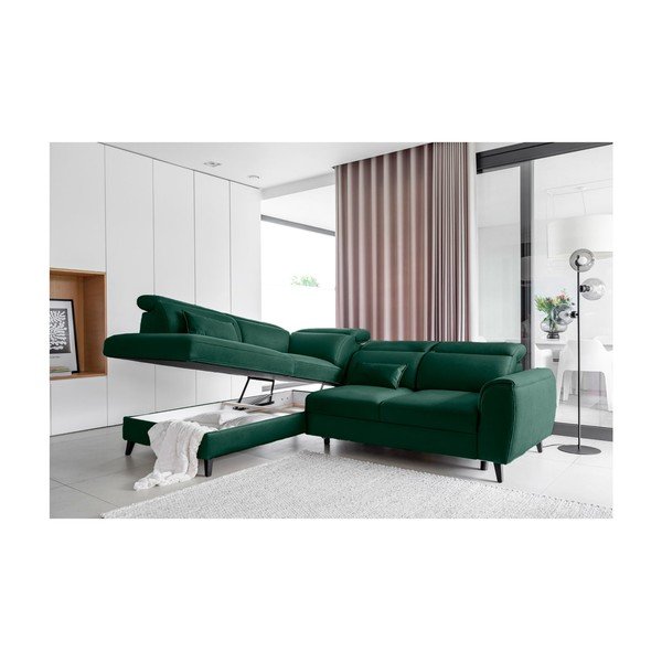 Зелен кадифен разтегателен ъглов диван с място за съхранение (ляв ъгъл L форма) Noble – ELTAP-image-3