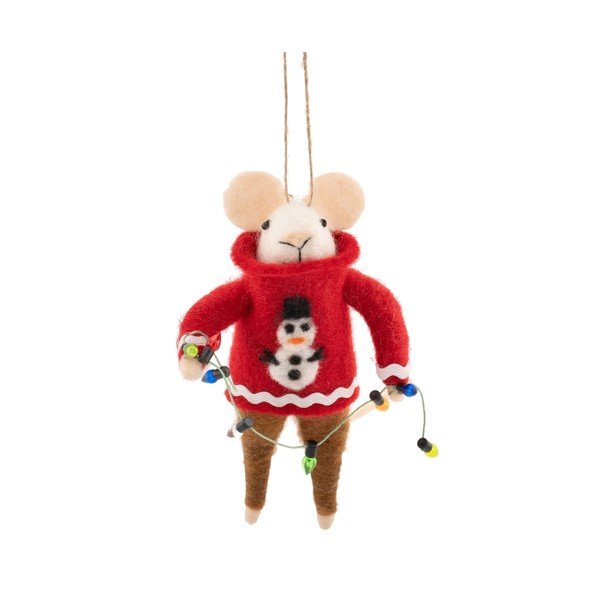 Текстилна Коледна украса 6 cm Mouse in Snowman Jumper with Fairy Lights – Sass & Belle