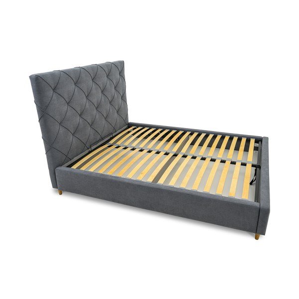 Сиво тапицирано двойно легло с място за съхранение с включена подматрачна рамка 160x200 cm Bee – Scandic-image-4