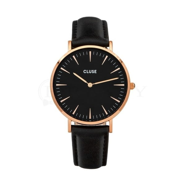 Дамски черен часовник с кожена каишка и детайли от розово злато La Bohéme - Cluse
