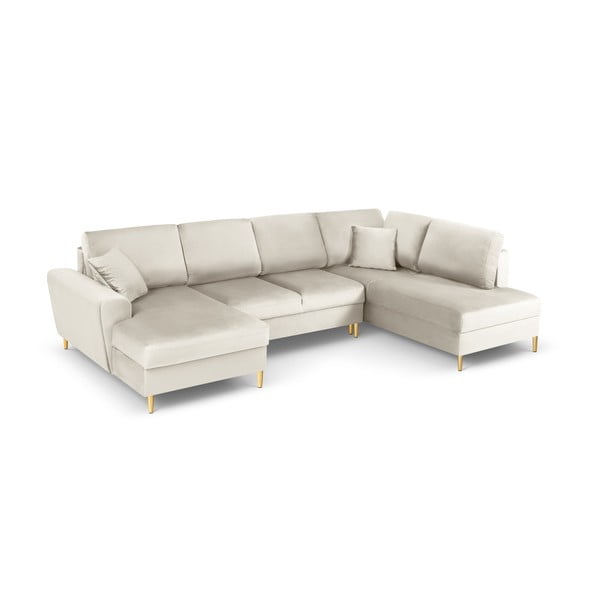 Бежов кадифен разтегателен ъглов диван с място за съхранение (десен ъгъл/U форма) Kyoto – Cosmopolitan Design-image-1