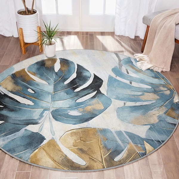 Син кръгъл килим подходящ за пране ø 80 cm Golden Leaves – Mila Home-image-1