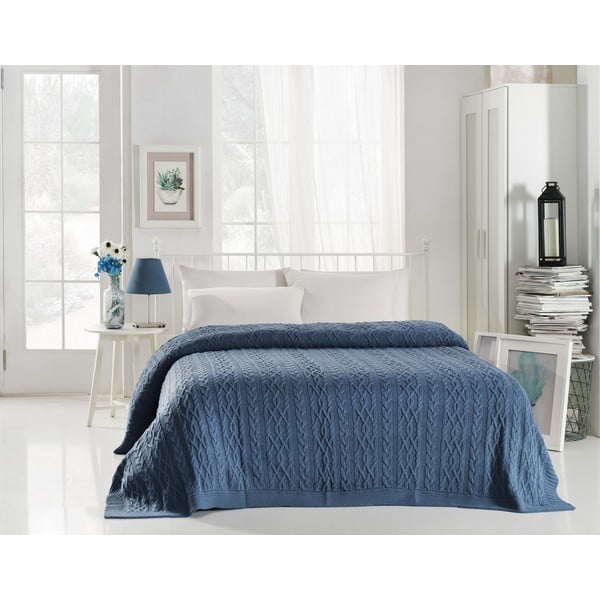 Мастилено синя покривка за легло с памучна смес Плетене, 220 x 240 cm - Homemania Decor