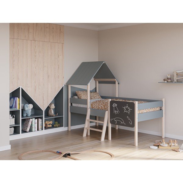 Къща/повдигнато детско легло сиво-зелено 90x190 cm от масивен бор с включена подматрачна рамка Mint – Marckeric-image-1