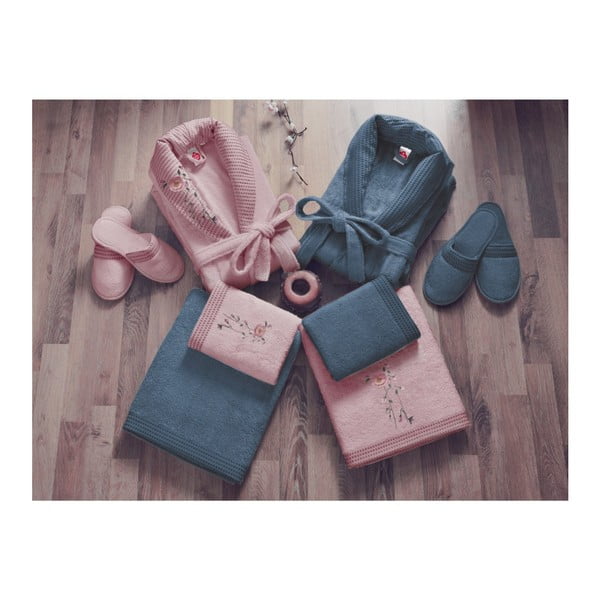 Комплект от дамски и мъжки халат, кърпи, хавлии и 2 чифта чехли в розово и синьо Семейна баня - Mijolnir