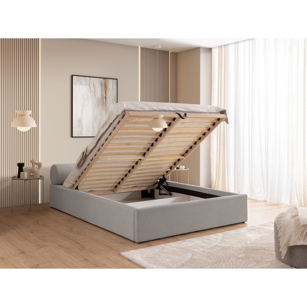 Светлосиво двойно легло 140x200 cm тапицирано с място за съхранение с включена подматрачна рамка Cille – Ropez-image-4