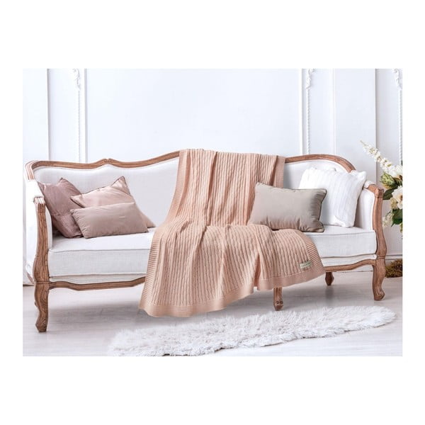 Lososově růžová bavlněná deka Madame Coco Knitty, 130 x 170 cm