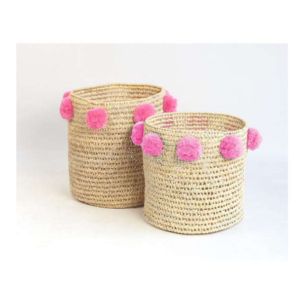 Sada 2 úložných košíků z palmových vláken s růžovými dekoracemi Madre Selva Milo Basket