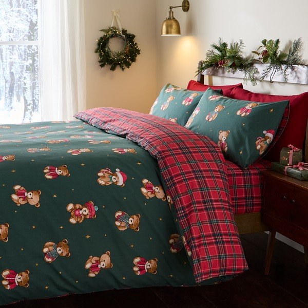 Червено/тъмнозелено единично  спално бельо 150x120 cm Christmas Tartan Teddy Bear – Catherine Lansfield