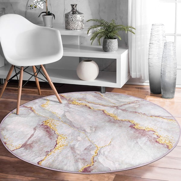 Светлорозов/в златист цвят кръгъл килим подходящ за пране ø 100 cm Marble – Mila Home-image-3