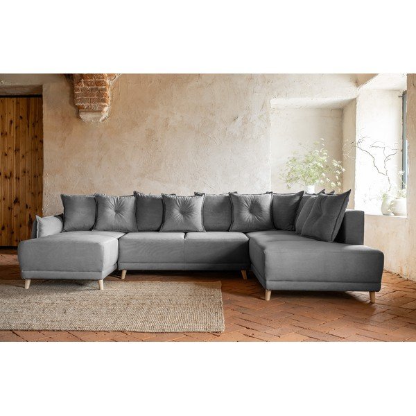 Ъглов разтегателен диван от сив велур (десен ъгъл/U-образна форма) Lazy Lukka - Miuform-image-1