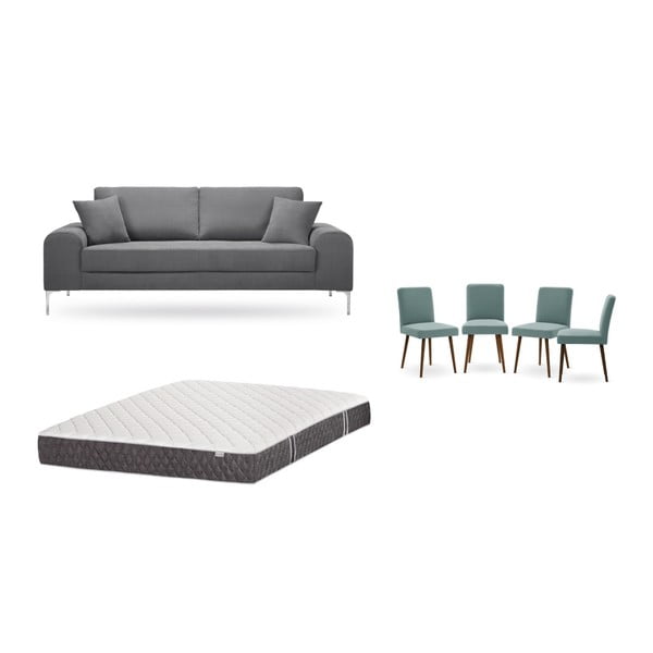 Комплект от триместен сив диван, 4 сиво-зелени стола и матрак 160 x 200 cm - Home Essentials