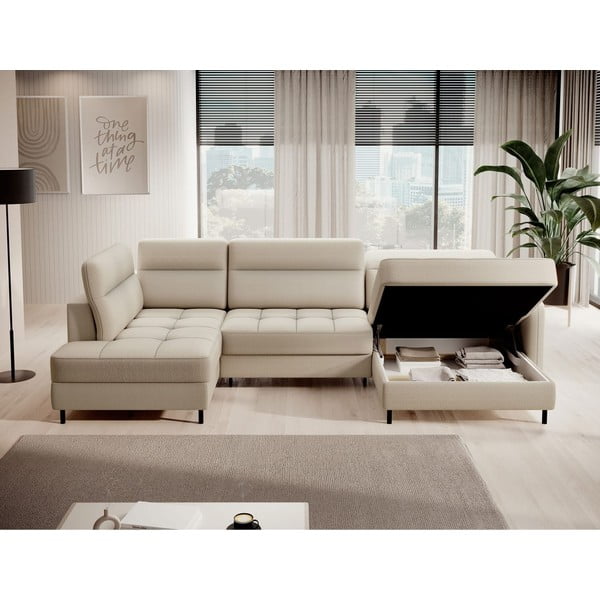 Бежов кадифен разтегателен ъглов диван с място за съхранение (ляв ъгъл U форма) Berrto – ELTAP-image-3