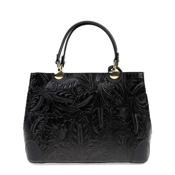 Черна кожена чанта с цветя - Carla Ferreri