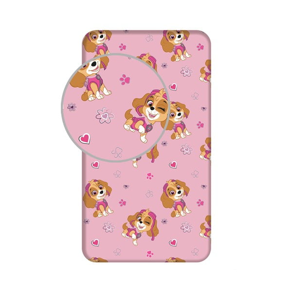Розов еластичен единичен памучен детски чаршаф 90x200 cm Paw Patrol – Jerry Fabrics