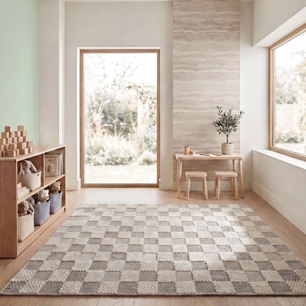 Зелен килим със смес от памук подходящ за пране 155x230 cm Muted Checkerboard – Flair Rugs-image-1