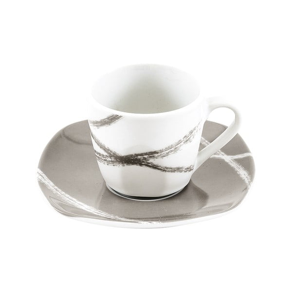 Комплект от 6 бяло-кафяви порцеланови чаши с чинийки Sandy - Villa Altachiara