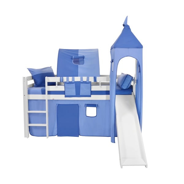 Dětská bílá patrová postel se skluzavkou a modrým hradním bavlněným setem Mobi furniture Tom, 200 x 90 cm