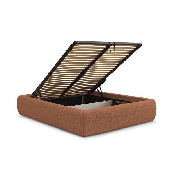 Оранжево тапицирано двойно легло без табла с място за съхранение и включена подматрачна рамка 160x200 cm Inera – Bobochic Paris-image-3