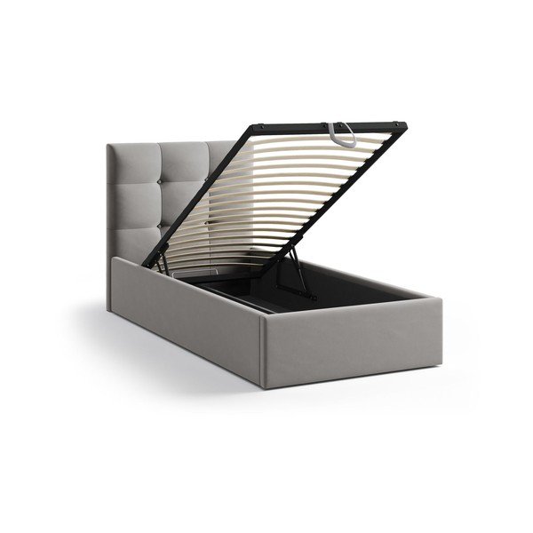 Сиво единично легло 90x200 cm тапицирано с място за съхранение с включена подматрачна рамка Phaedra – Micadoni -image-1