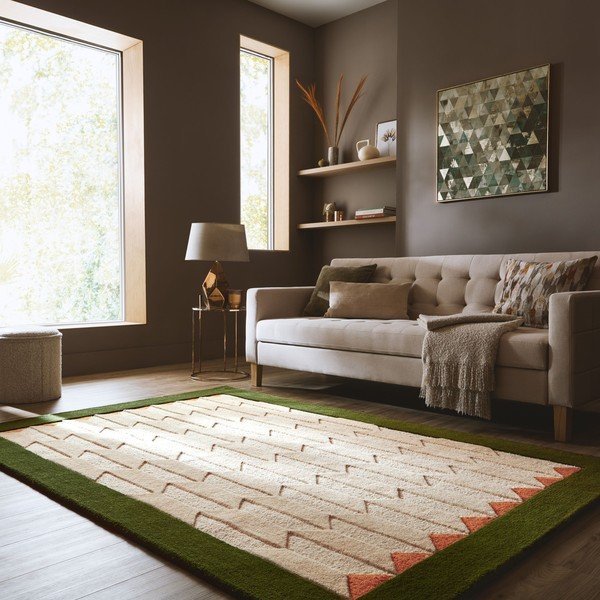 Зелен/в естествен цвят ръчно изработен вълнен килим 200x290 cm Apex Border Wool – Flair Rugs-image-1