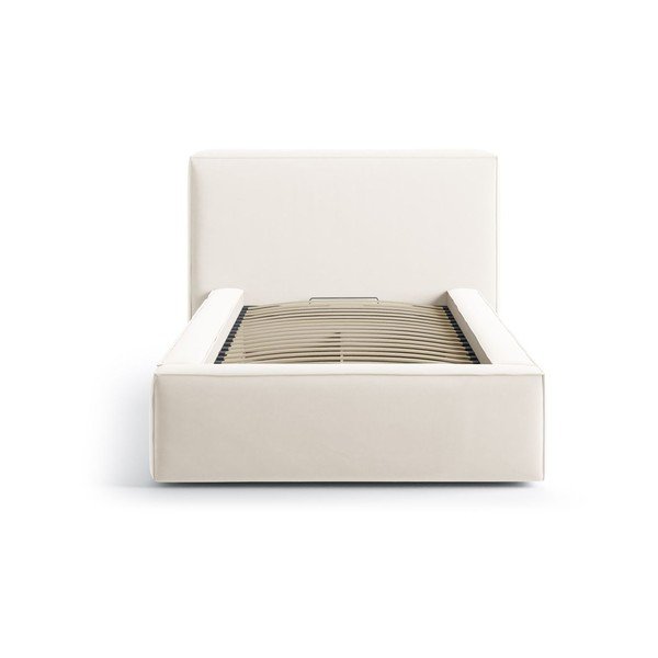 Кремаво единично легло 90x200 cm тапицирано с място за съхранение с включена подматрачна рамка Jodie – Micadoni -image-3
