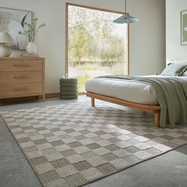 Зелен килим със смес от памук подходящ за пране 155x230 cm Muted Checkerboard – Flair Rugs-image-3