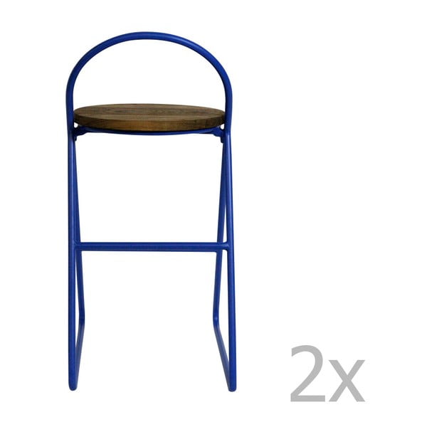 Sada 2 barových stoliček s jilmovým dřevem a modrou kovovou konstrukcí Red Cartel Duke, výška 89 cm