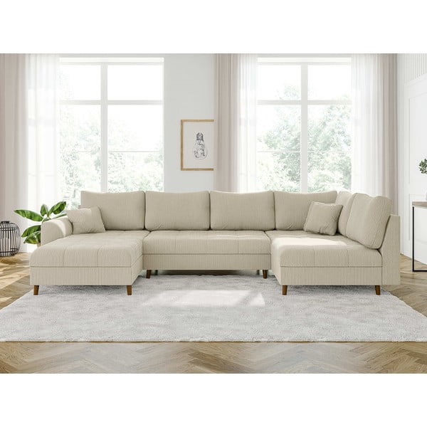 Кремав ъглов диван от рипсено кадифе (ляв ъгъл/"U" форма) Ariella – Ropez-image-1