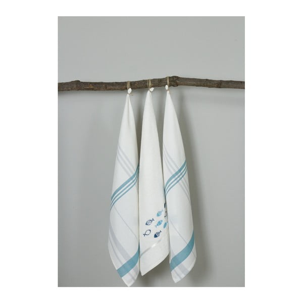 Комплект от 3 бели и сини кухненски кърпи Fish, 50 x 70 cm - My Home Plus