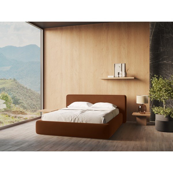 Двойно легло теракотено тапицирано с място за съхранение и включена подматрачна рамка 180x200 cm Kiana – Makamii-image-1