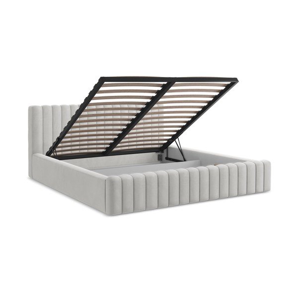 Двойно легло 160x200 cm тапицирано с място за съхранение с включена подматрачна рамка в сребрист цвят Lemi – Makamii-image-3