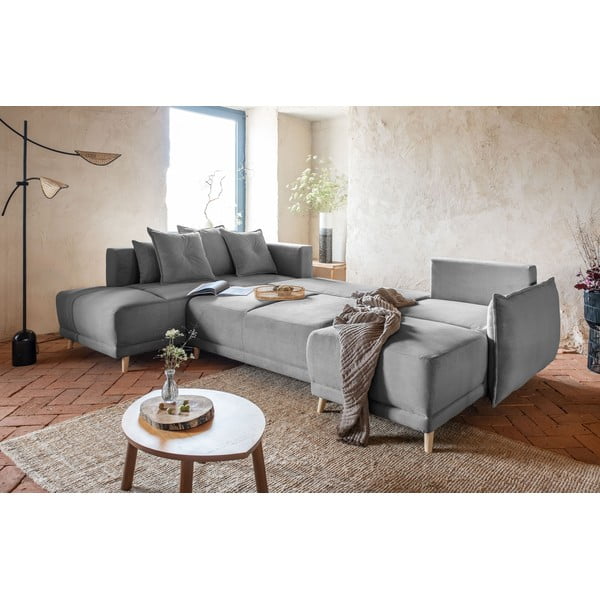 Ъглов разтегателен диван от сив велур (ляв ъгъл/"U") Lazy Lukka - Miuform-image-1