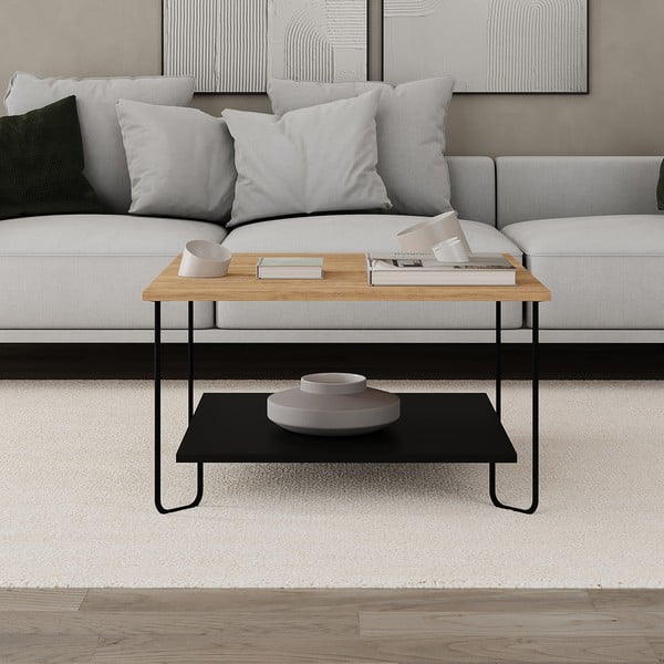 Масичка за кафе с дъбов плот в черен и естествен цвят 80x80 cm Tonka - Marckeric-image-4