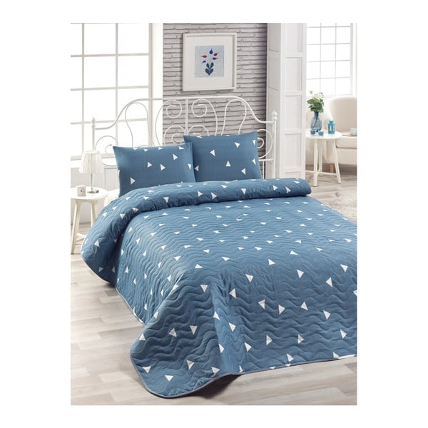 Комплект от памучно синьо покривало за легло и 2 калъфки за възглавници Lesso Duro, 200 x 220 cm Ucgen - Mijolnir