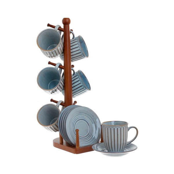 Комплект от 6 сини порцеланови чаши с чинийки и поставка от брезово дърво Retro - InArt