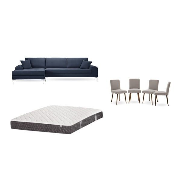 Комплект от тъмносин диван с шезлонг отляво, 4 сиво-бежови стола и матрак 160 x 200 cm - Home Essentials